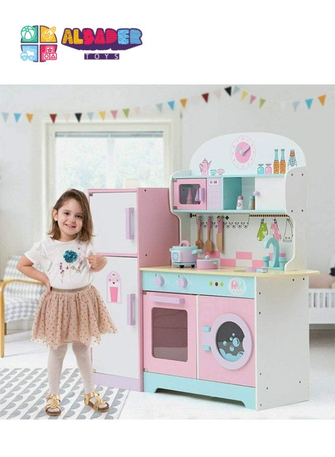 AL BADER Wooden Kitchen Toy With Oven And Cook Food Toys Set And Ice Maker, Large wooden kitchen with Storage places, Interactive Brand Play Kitchen for Girls & Boy 3-10 Years (Colorful, 89*29*101) - Image 1